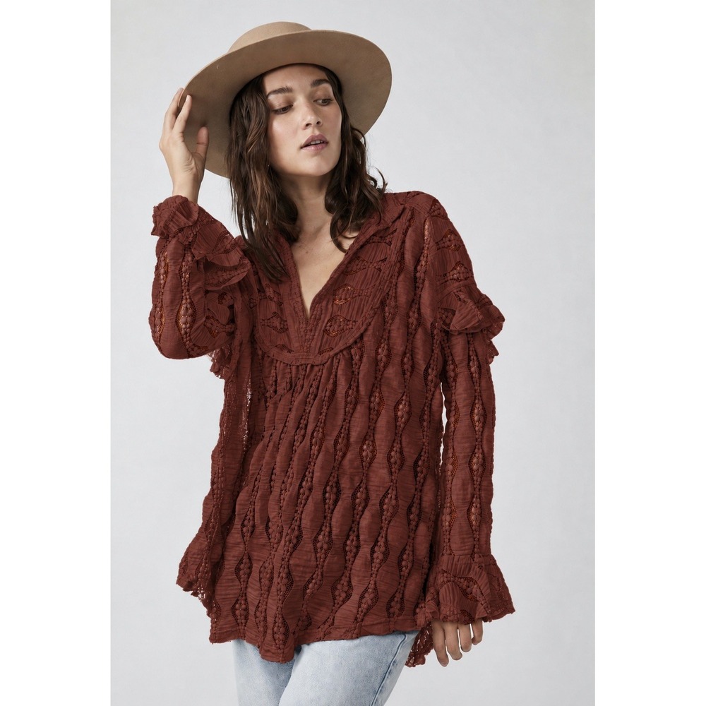 Free People Candy Shop Tunic Blouse Womens XS Chocolate Brown Sheer Crochet Boho